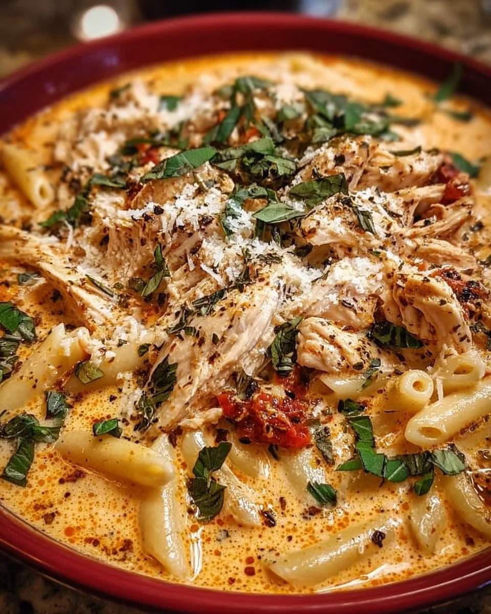 Creamy chicken parmesan soup in a crock pot with fresh herbs and parmesan cheese
